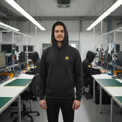 Man wearing dark grey ESD fleece lined hoodie with hood up in electronics factory