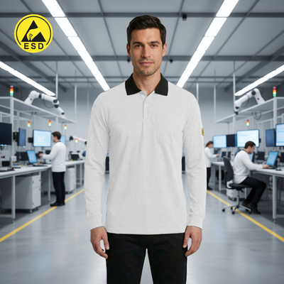 White Premium Heavy Duty ESD Polo Shirt Long Sleeve frontal view
