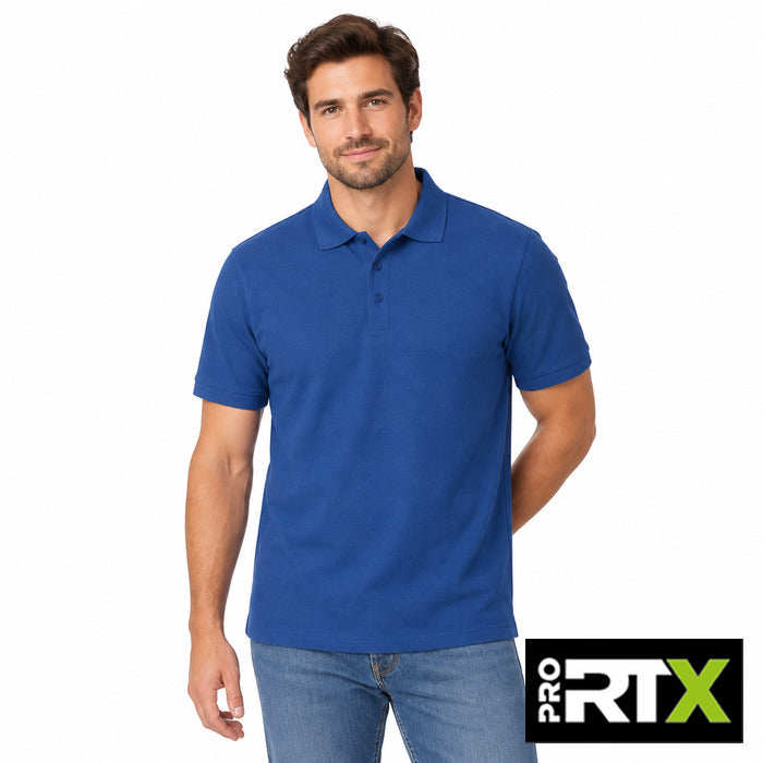 Pro Premium Polo - model wearing the royal blue Pro RTX premium polo