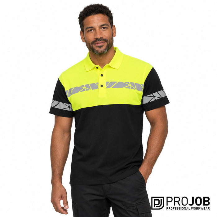 Progression 7003 Pique Polo - model wearing the black and yellow ProJob pique polo