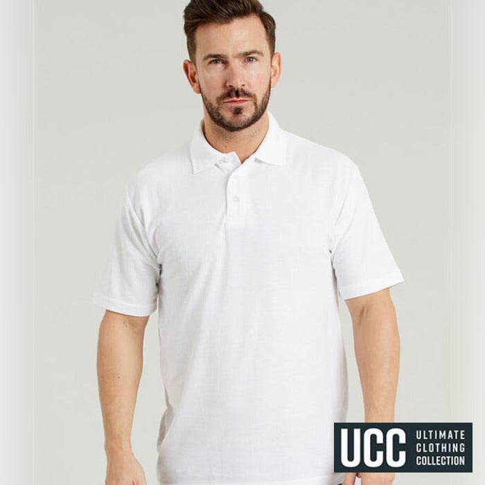 UCC Everyday Polo - model wearing the white UCC Everyday Polo