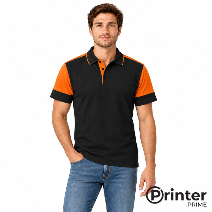 Polo Shirt - model wearing the black and orange Printer Prime 24 polo