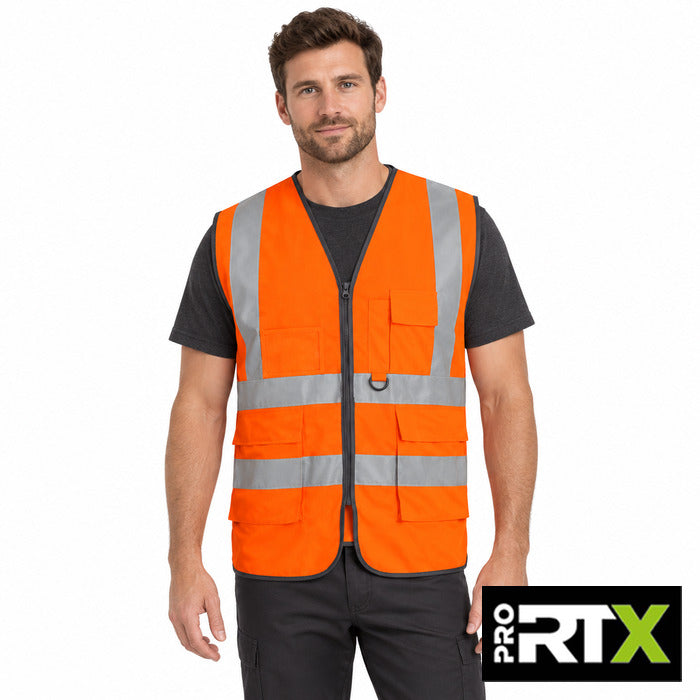 Executive Hi-Vis Waistcoat - model wearing the high visibility orange Pro RTX executive waistcoat
