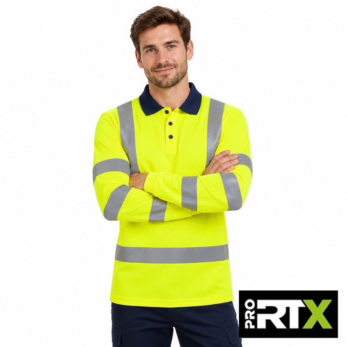 Hi-Vis Long Sleeve Polo - model wearing the hi-vis yellow and navy Pro RTX long sleeve polo