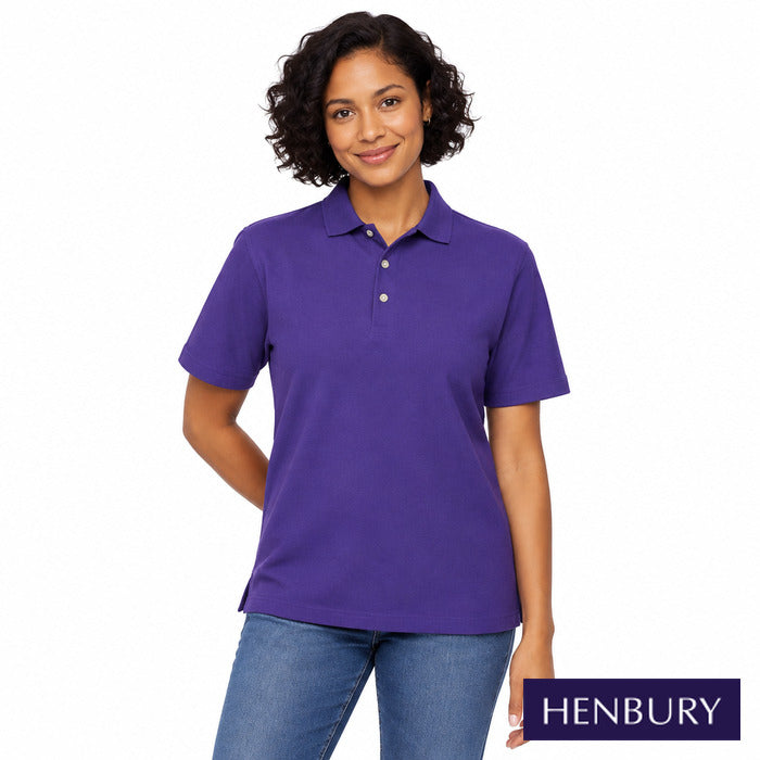 Classic Cotton Pique Polo Shirt - model wearing the purple Henbury classic cotton pique polo