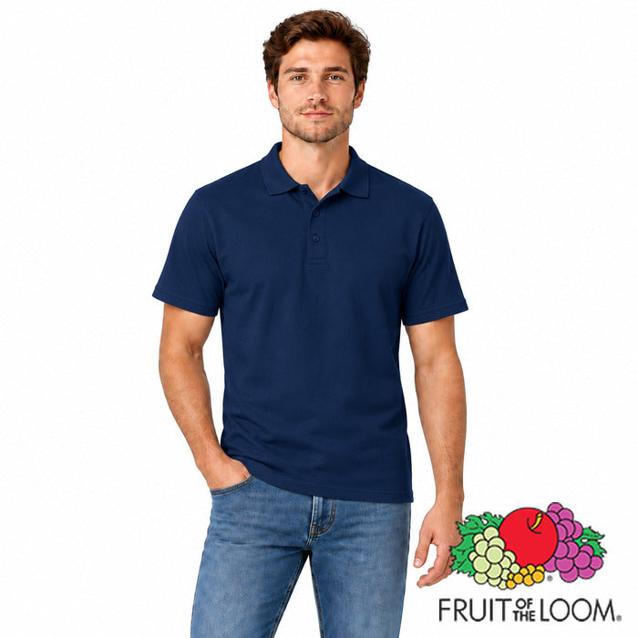 65/35 Polo Shirt - model wearing the navy blue Fruit of the Loom 65/35 polo