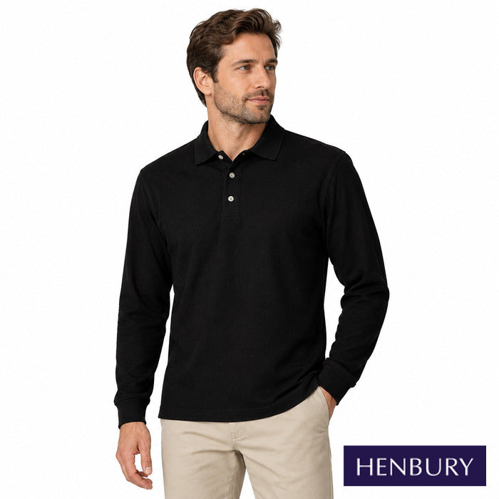 Long Sleeve Cotton Pique Polo Shirt - model wearing the black Henbury long sleeve pique polo