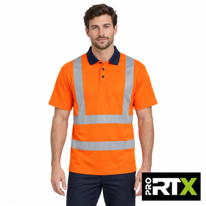 Hi-Vis Polo - model wearing the hi-vis orange and navy Pro RTX polo
