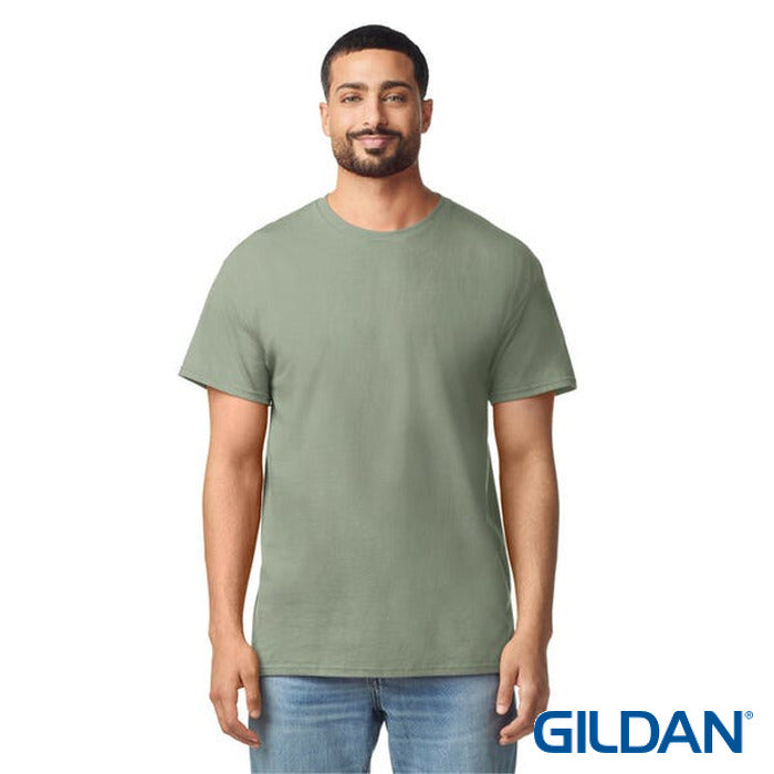 Light Cotton Adult T-Shirt - model wearing the sage green Gildan tee