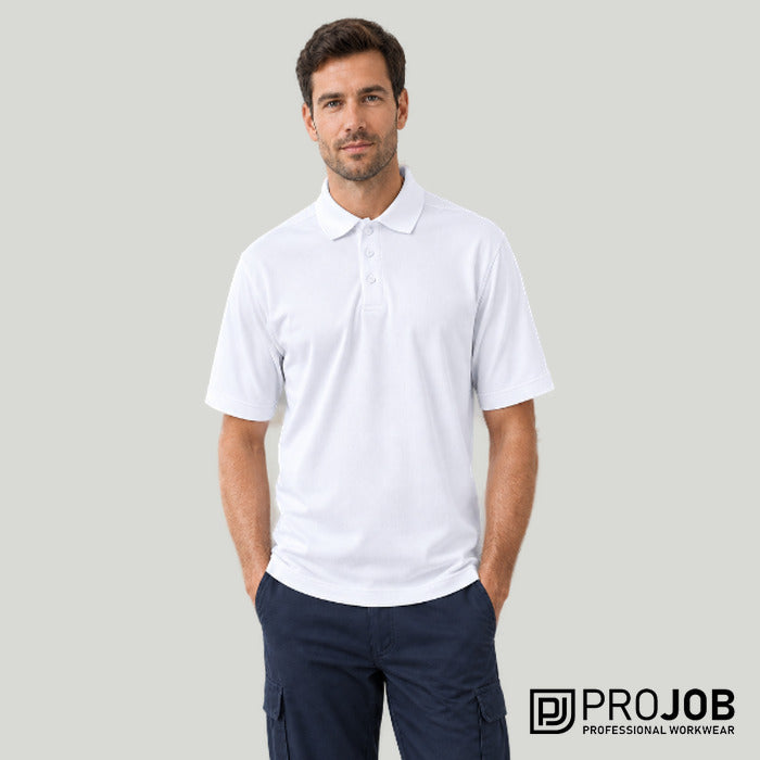 Prio 2040 Pique Function Polo - model wearing the white ProJob polo