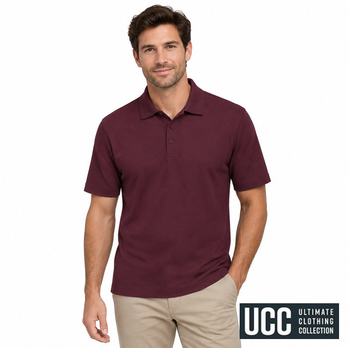 UCC Everyday Polo - model wearing the burgundy UCC Everyday Polo