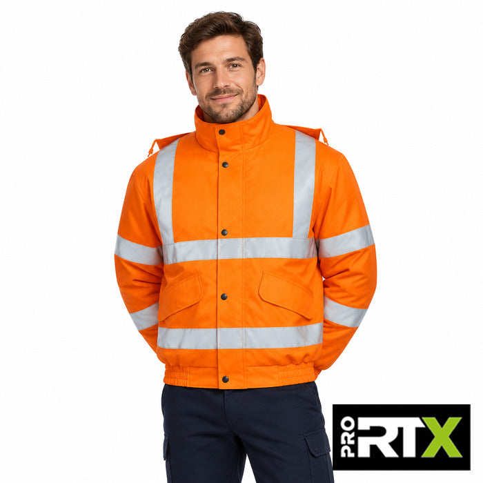Hi-Vis Bomber Jacket - model wearing the high visibility orange Pro RTX bomber jacket