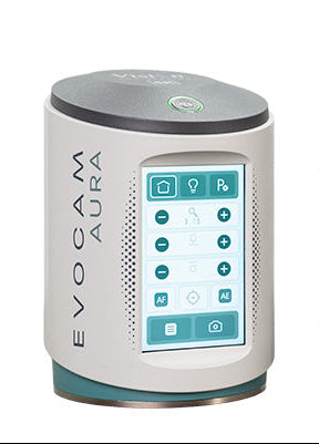 EVOCAM AURA portable projector and speaker on a white background, showing the front with its illuminated touchscreen interface and the back with its physical control buttons.