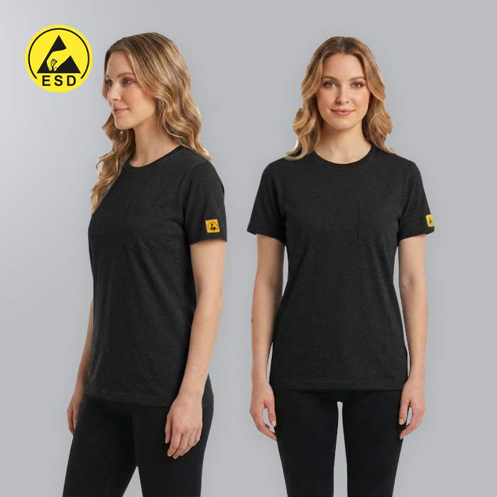 Woman wearing a black t-shirt with a yellow logo on a gray background