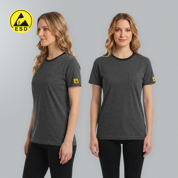 Woman wearing a gray t-shirt with a yellow logo on a gray background