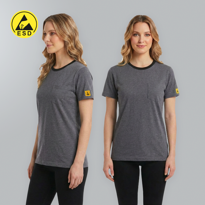 Woman wearing a gray t-shirt with ESD logo on a gray background