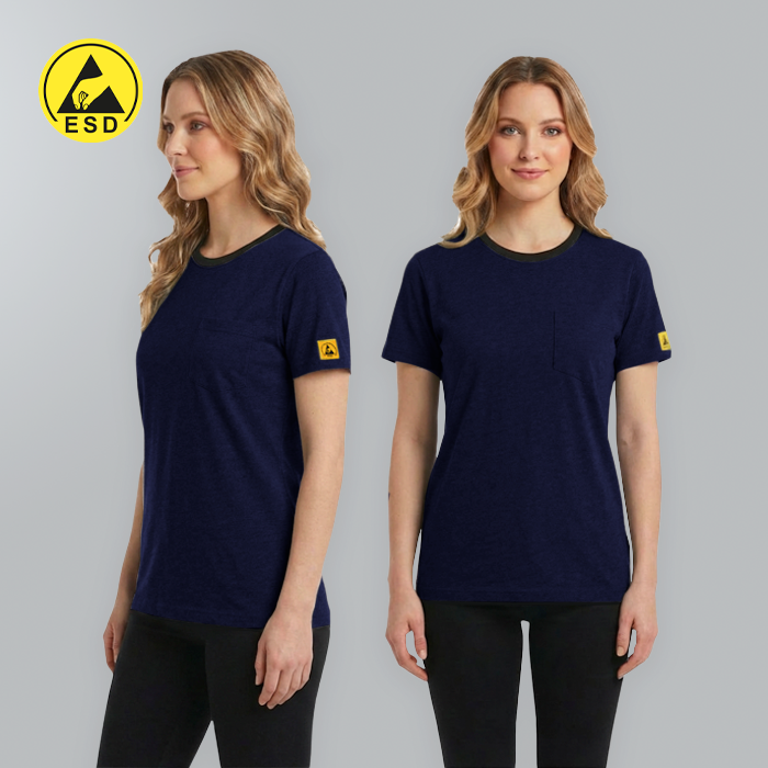 Woman wearing a navy blue t-shirt with a yellow logo on a gray background