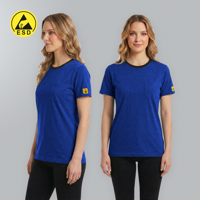 Woman wearing a blue t-shirt with a yellow logo on a gray background