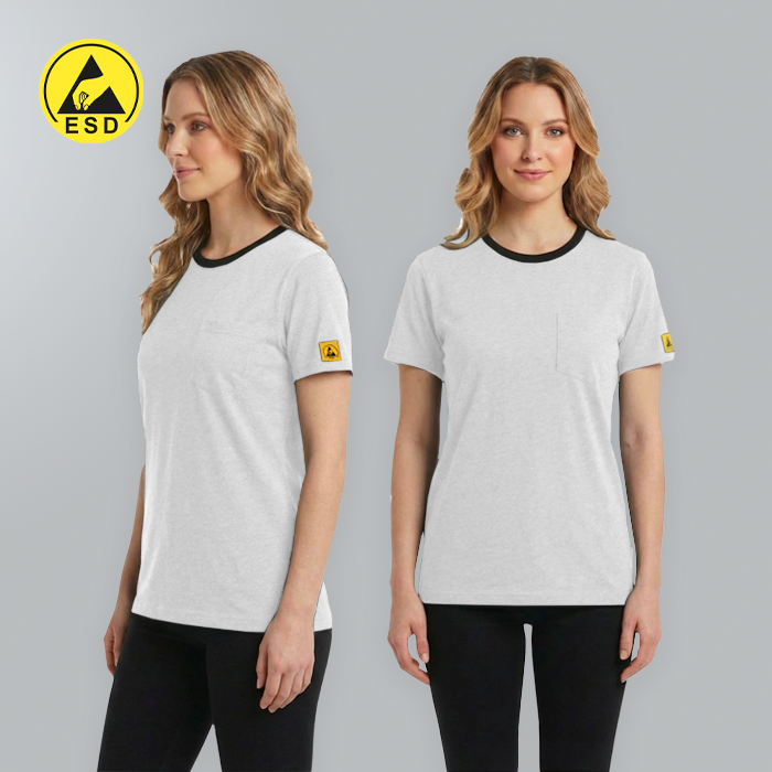 Two views of a woman wearing a white t-shirt with a yellow logo on a gray background.