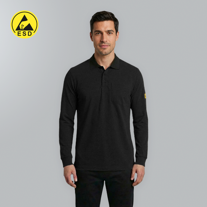 Man wearing a black long-sleeve polo shirt with a yellow logo on a gray background