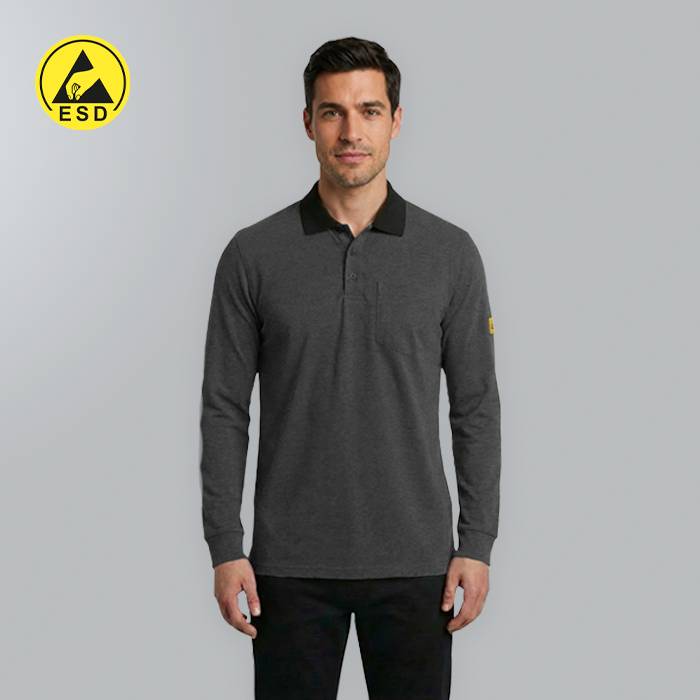 Man wearing a gray long-sleeve polo shirt with a brand logo on a gray background