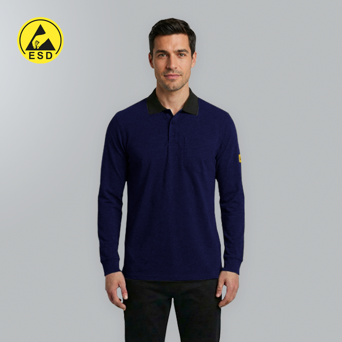 Man wearing a navy long-sleeve polo shirt with a yellow logo on a gray background