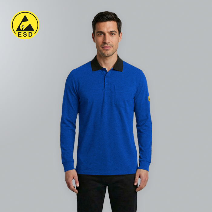 Man wearing a blue long-sleeve shirt with a black collar against a gray background, featuring an ESD logo.