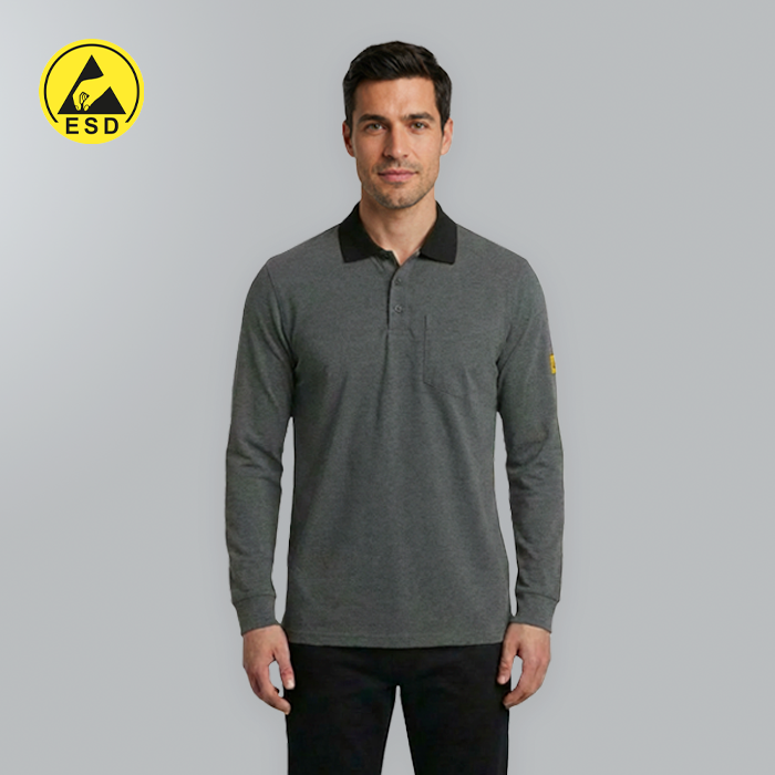 Man wearing a gray long-sleeve polo shirt with a brand logo on a gray background