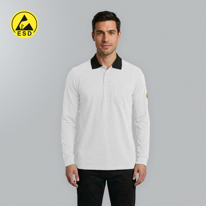 Man wearing a white long-sleeve shirt with black collar against a gray background, featuring an ESD logo.