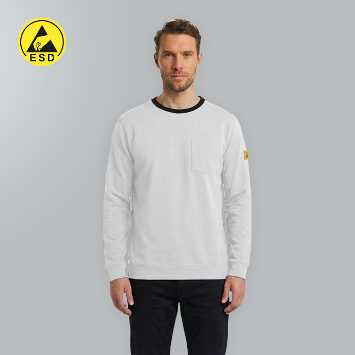 Man wearing a white sweatshirt with a logo on a gray background
