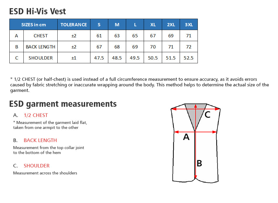 ESD Hi-Vis Vest - Yellow - Heavy Duty - UNISEX size guide