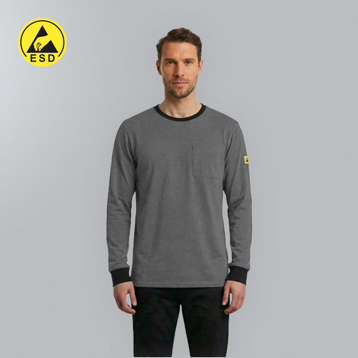 Man wearing a gray long-sleeve shirt with a yellow ESD logo on a gray background
