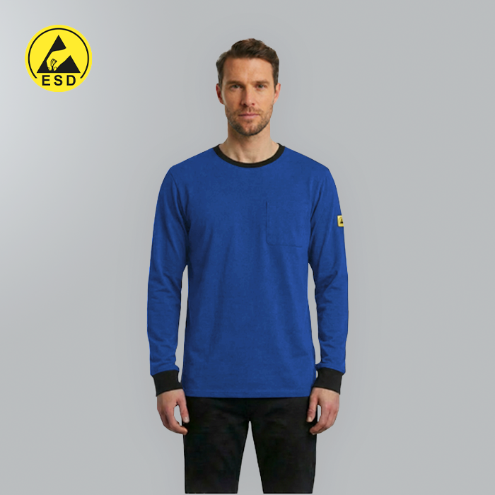 Man wearing a blue long-sleeve shirt with a yellow ESD logo on a gray background