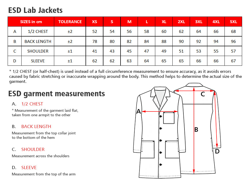 STANDARD ESD Lab Jacket (Royal Blue) - UNISEX size guide