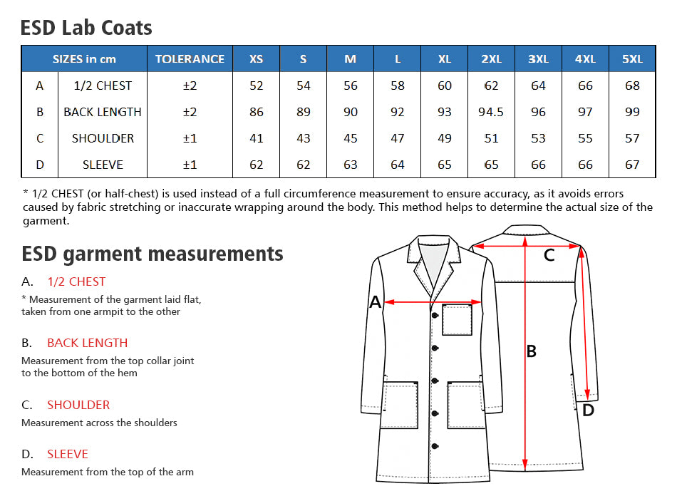 PREMIUM ESD Lab Coat (White) - UNISEX size guide