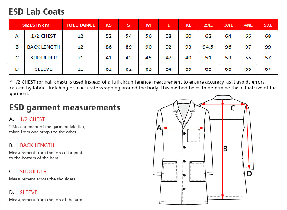 STANDARD ESD Lab Coat (Navy Blue) - UNISEX size guide