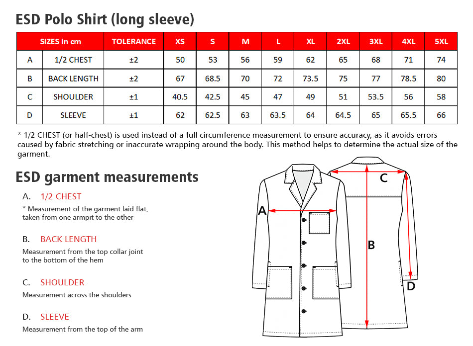 HEAVY DUTY ESD Polo Shirt Long Sleeve (Dark Grey) - UNISEX size guide