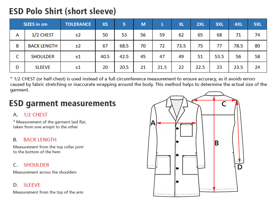 STANDARD ESD Polo Shirt (Navy Blue) - UNISEX size guide