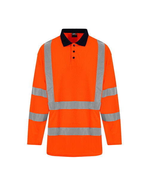 Hi-Vis Long Sleeve Polo - High Visibility Orange/Navy