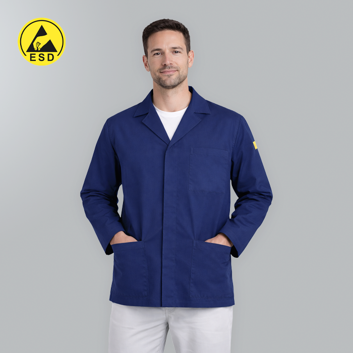 Man wearing a blue lab coat with ESD logo on a gray background