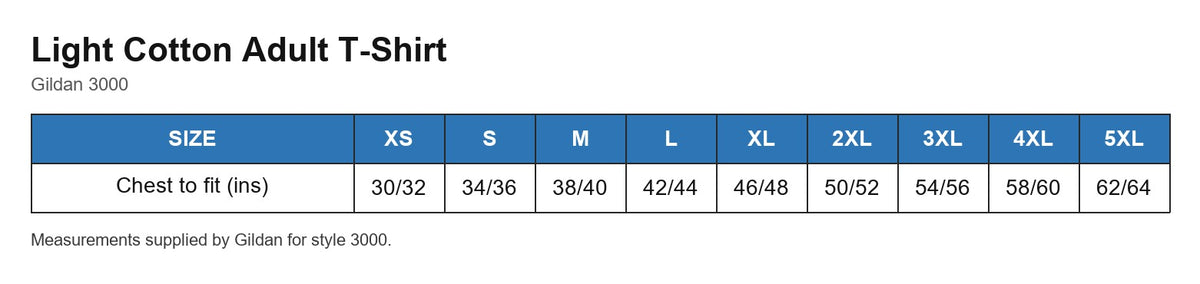 Light Cotton Adult T-Shirt size chart