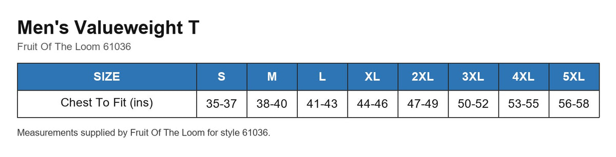 Men's Valueweight T size chart