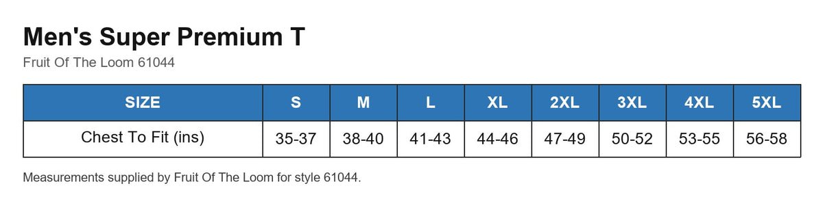 Men's Super Premium T size chart