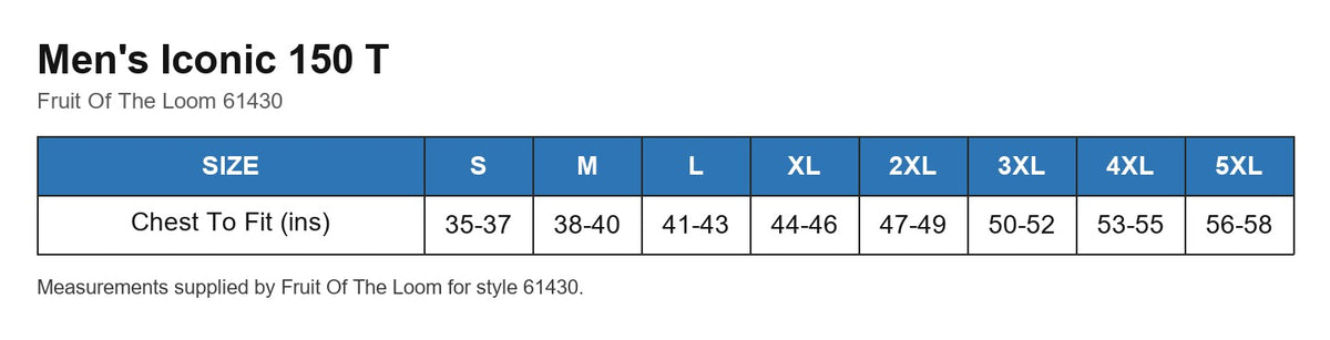 Men's Iconic 150 T size chart