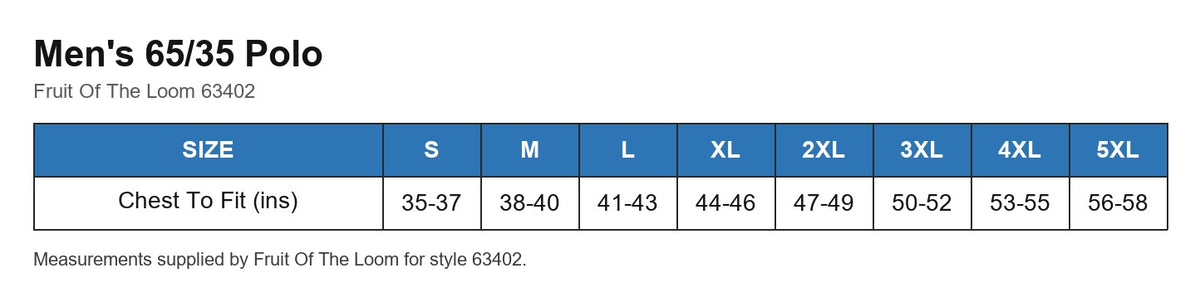 Men's 65/35 Polo size chart