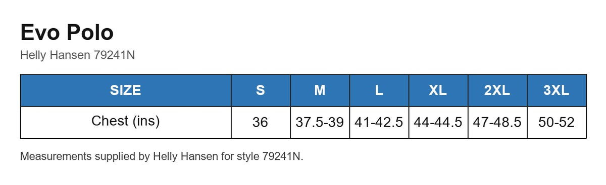 Evo Polo size chart