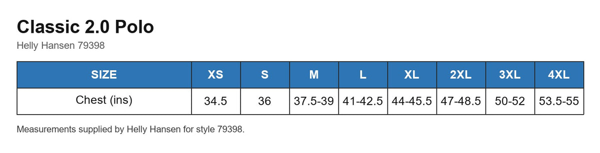 Classic 2.0 Polo size chart