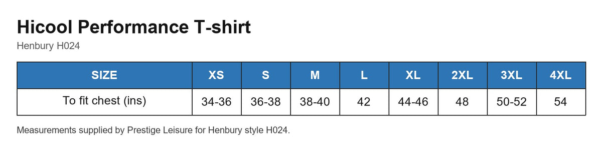 Hicool Performance T-shirt size chart