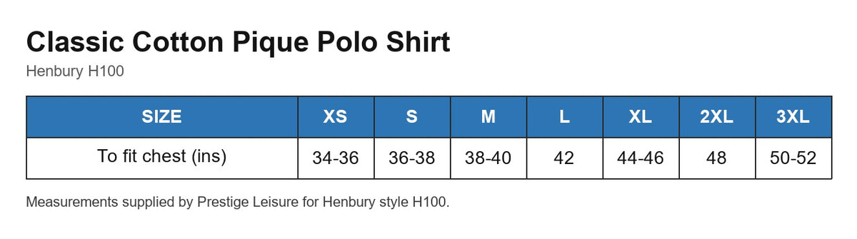 Classic Cotton Pique Polo Shirt size chart