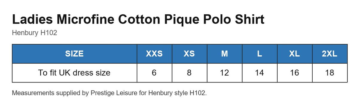 Ladies Microfine Cotton Pique Polo Shirt size chart
